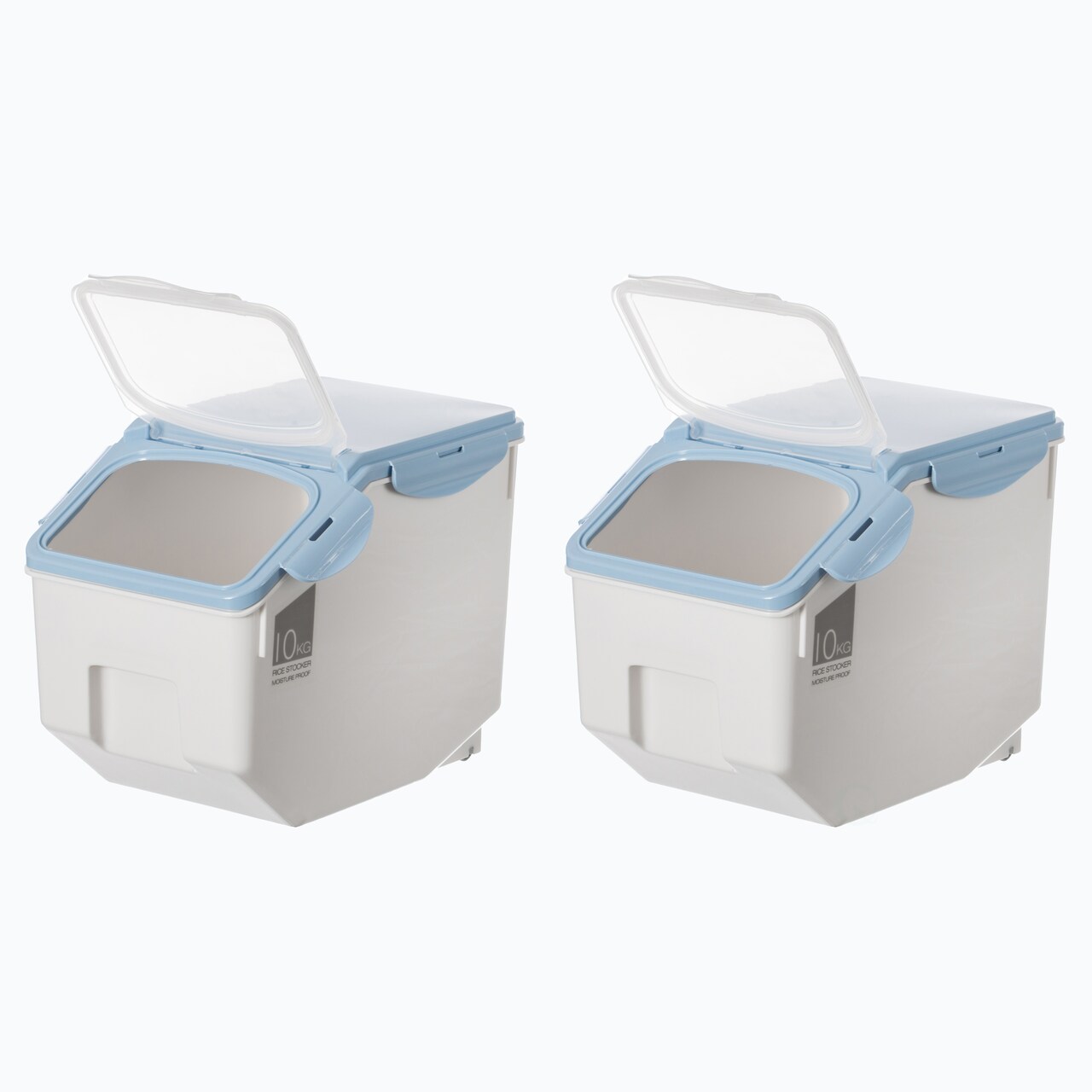 Set of 2 White Plastic Storage Food Holder Containers, with a Measuring Cup and Wheels